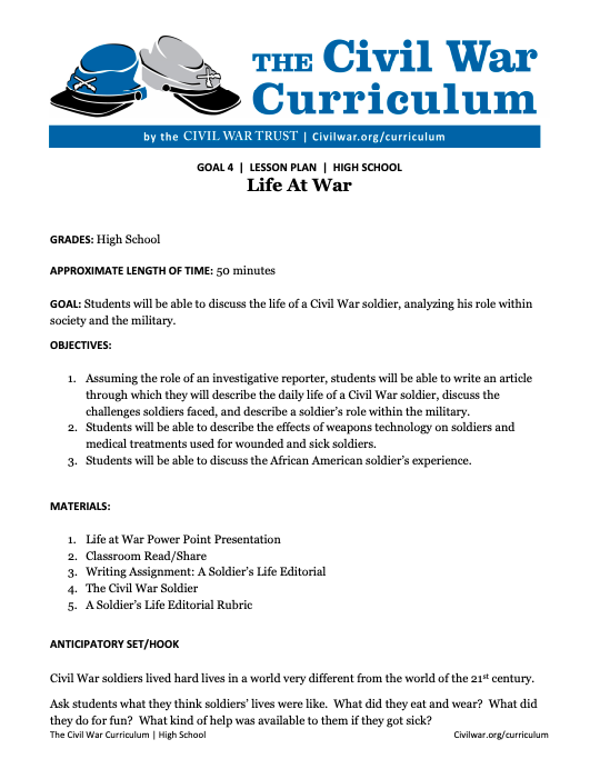 Life At War Lesson Plan