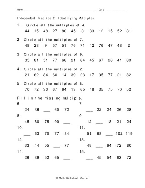 Identifying Multiples Worksheet