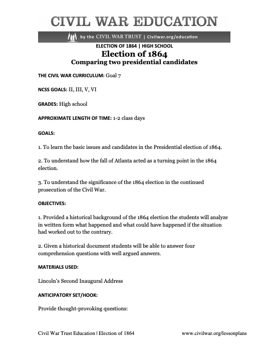 Election of 1864 Lesson Plan
