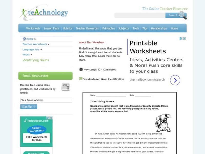 Identifying Nouns Worksheet
