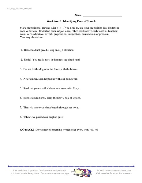 Identifying Parts of Speech Organizer