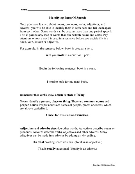 Identifying Parts Of Speech Worksheet