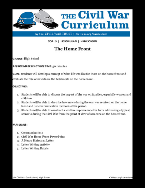 The Home Front Lesson Plan