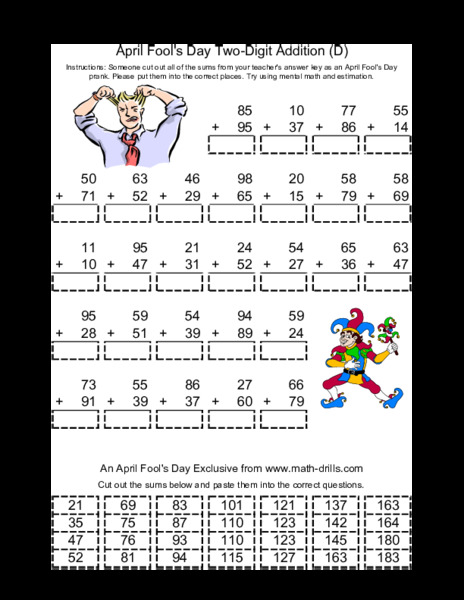 April Fools Day Two Digit Addition D Worksheet