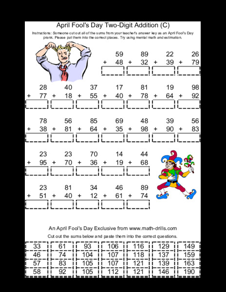April Fool's Day Two Digit Addition C Worksheet