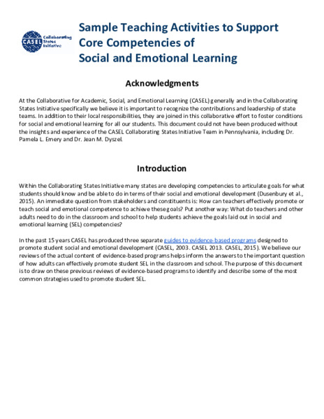 Sample Teaching Activities to Support Core Competencies of Social and Emotional Learning Professional Doc