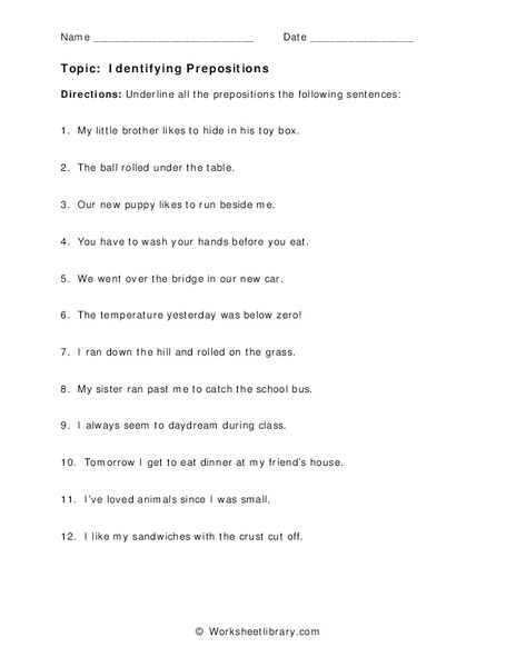 Identifying Prepositions Worksheet