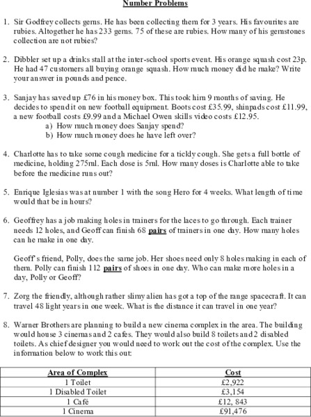 UK Number Problems Worksheet