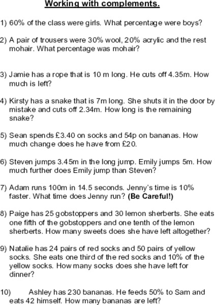 Complement Problems Worksheet