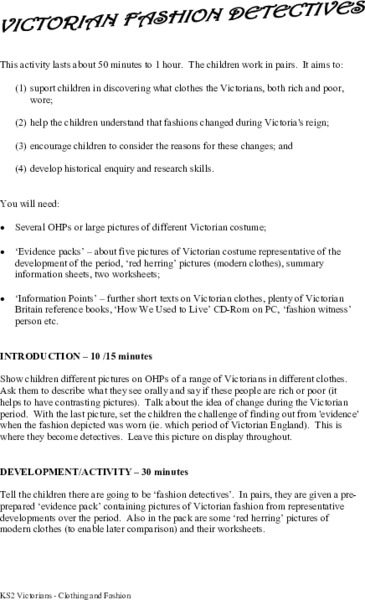 Victorian Fashion Detectives Lesson Plan