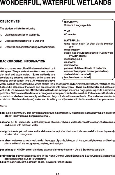 WONDERFUL, WATERFUL WETLANDS Lesson Plan