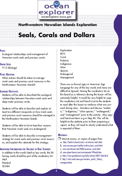 Seals, Corals and Dollars Lesson Plan