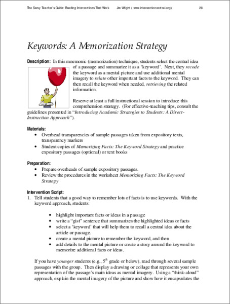 Keywords: A Memorization Strategy Lesson Plan