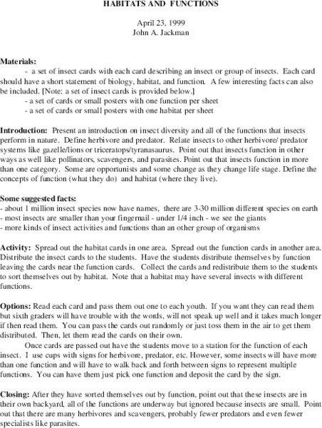 Habitats and Functions Lesson Plan