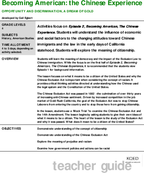 Opportunity and Discrimination, A Dream of Gold Lesson Plan