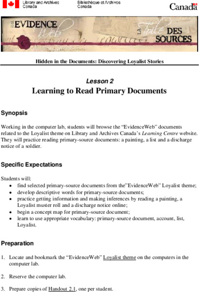 Learning to Read Primary Documents Lesson Plan