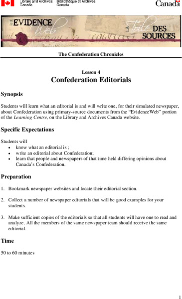 Confederation Editorials Lesson Plan