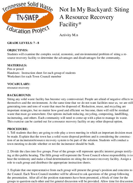 Not In My Backyard: Siting A Resource Recovery Facility Lesson Plan