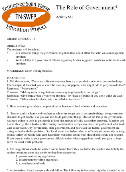 The Role of government in Waste Management Lesson Plan