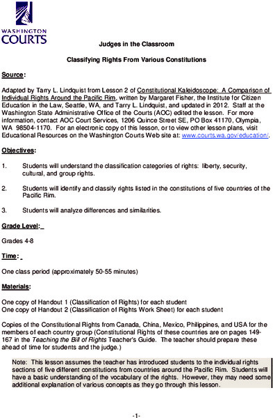 Classifying Rights From Various Constitutions Lesson Plan