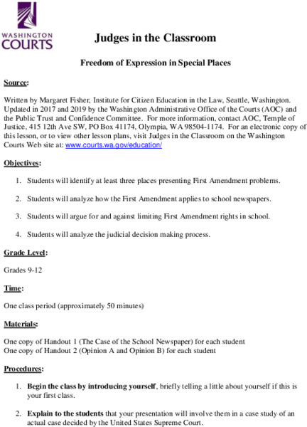 Freedom of Expression in Special Places Lesson Plan