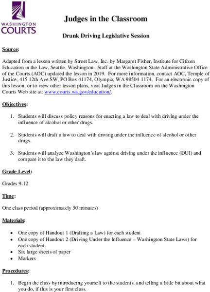 Drunk Driving Legislative Session Lesson Plan