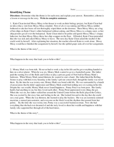 Identifying Theme  Worksheet