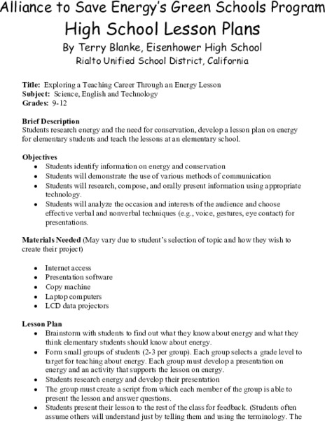 Exploring a Teaching Career Through an Energy Lesson Lesson Plan