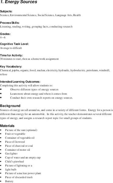 Energy Sources Lesson Plan