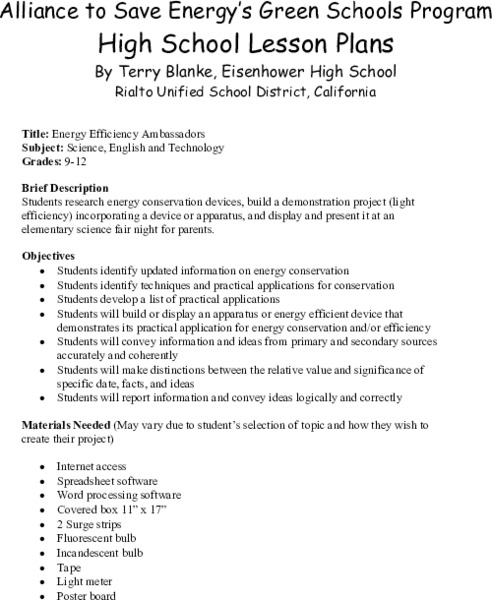 Energy Efficiency Ambassadors Lesson Plan