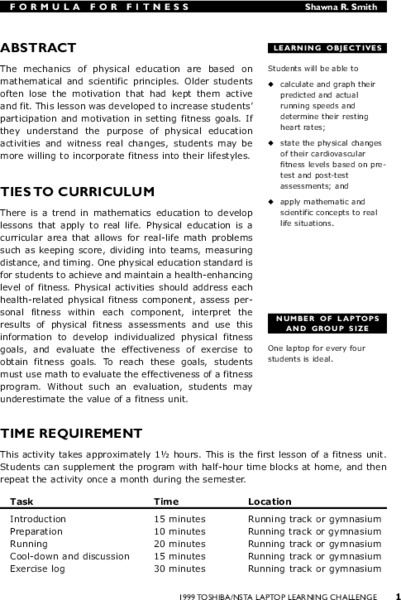 Formula for Fitness Lesson Plan