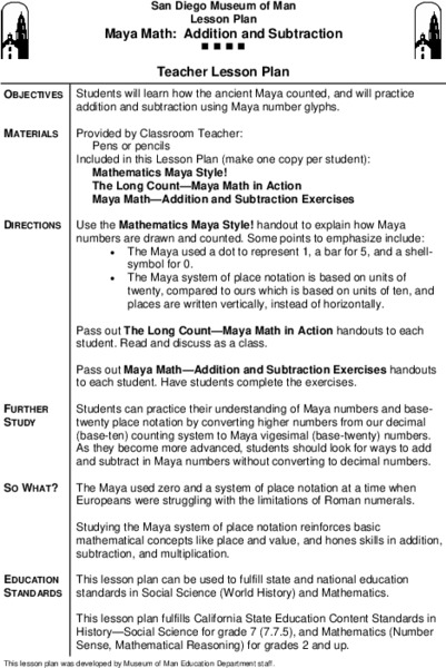 Maya Math: Addition and Subtraction Lesson Plan