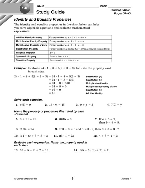 Identity and Equality Properties Worksheet