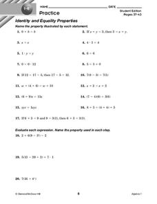Identity and Equality Properties Worksheet