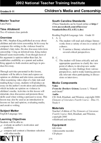 Children's Media and Censorship Lesson Plan