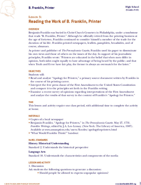 Reading the Work of B. Franklin, Printer Lesson Plan