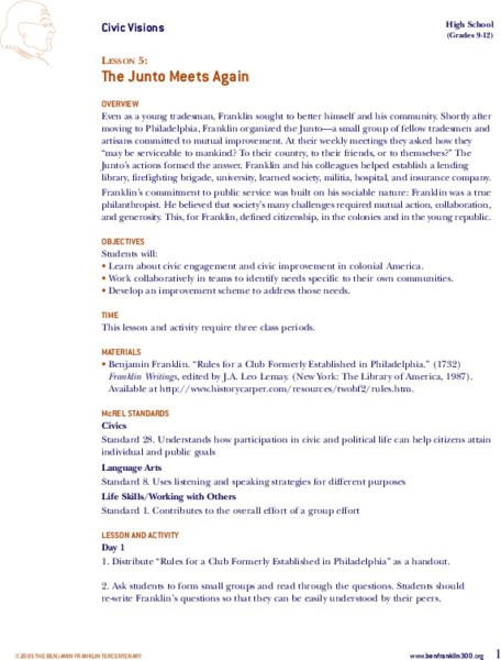 The Junto Meets Again Lesson Plan