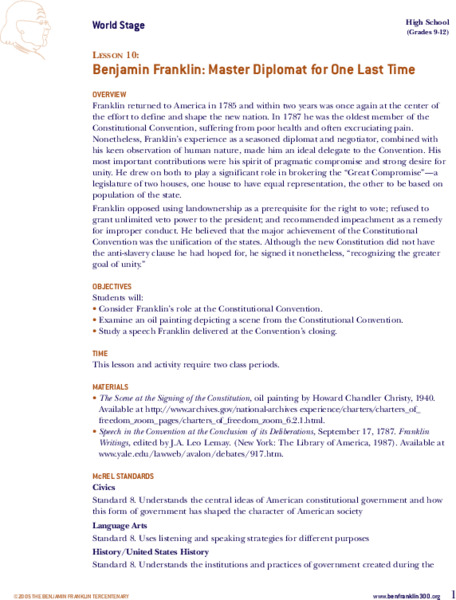 Benjamin Franklin: Master Diplomat for One Last Time Lesson Plan