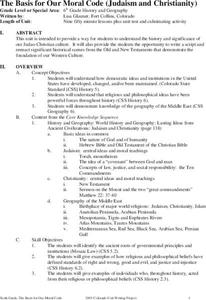 The Basis for Our Moral Code (Judaism and Christianity) Unit Plan