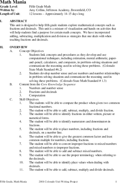 Math Mania Lesson Plan