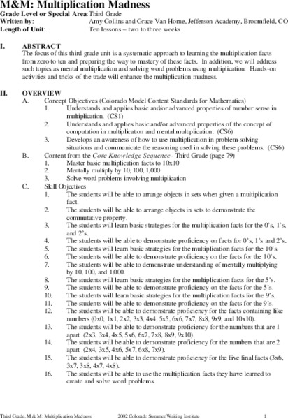 M&M: Multiplication Madness Unit Plan