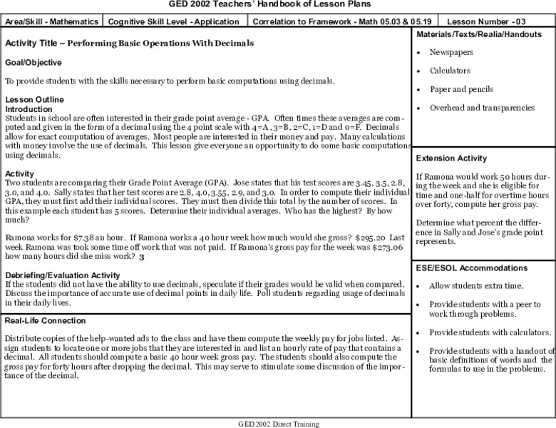 Basic Operations with Decimals Lesson Plan