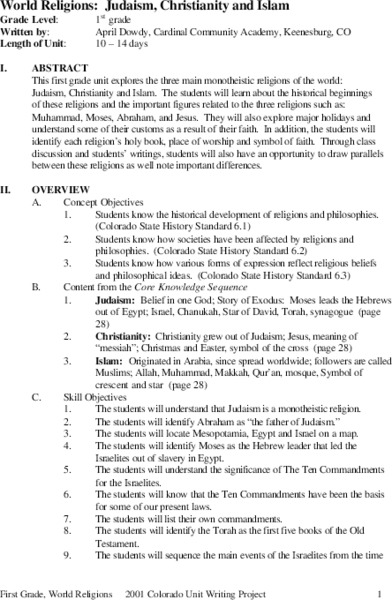 World Religions: Judaism, Christianity and Islam Unit Plan