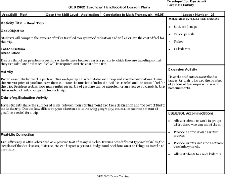 Math: Road Trip Lesson Plan