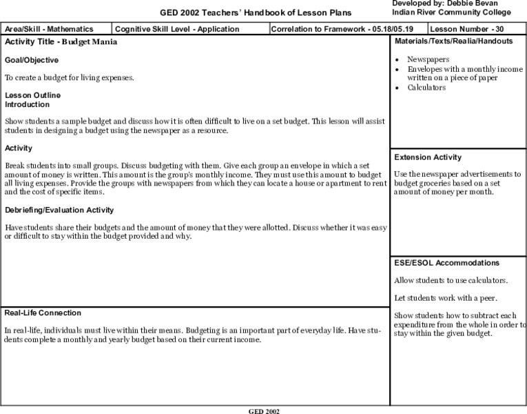 Budget Mania Lesson Plan