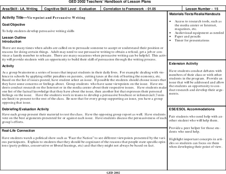 Viewpoint and Persuasive Writing Lesson Plan