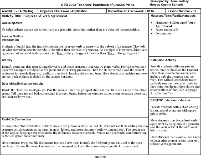 Subject and Verb Agreement Lesson Plan