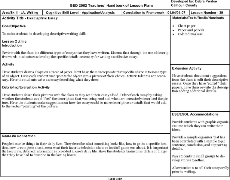 Descriptive Essay Lesson Plan