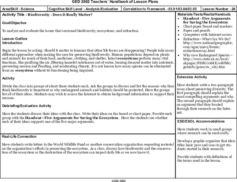 Biodiversity - Does It Really Matter? Lesson Plan