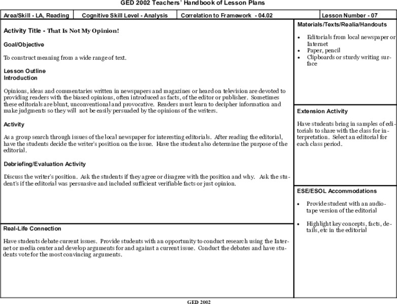 That Is Not My Opinion! Lesson Plan